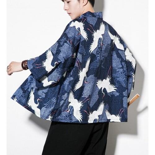 Mens Crane Pattern Kimono robe Jackets Japanese Cardigan Retro Coats Traditional Clothing Streatwear tang suit hanfu men