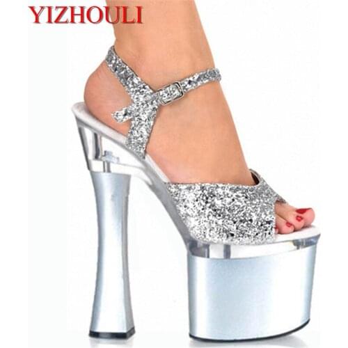 New shiny silver 18 cm sexy ultra high heel platform pole dancing/performance/star/model party sandals