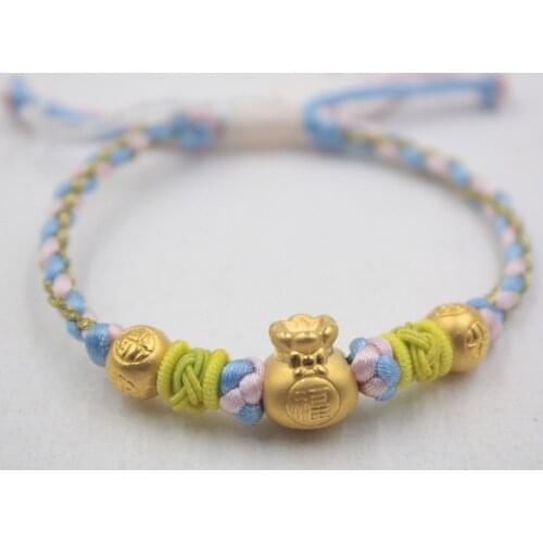 New Real 24k Yellow Gold Luck Carved Bag Year Bead With Color Rope Knitted Bracelet For Women Men Girl Ladies 16inch 2.3-2.5g