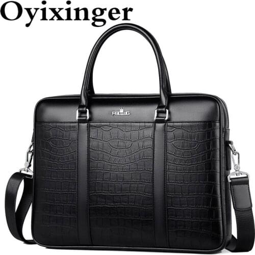 Oyixinger Mens laptop Bag Leather Handbag For 14inch Laptop Business Briefcase For Men Crocodile Pattern Casual Shoulder Bags