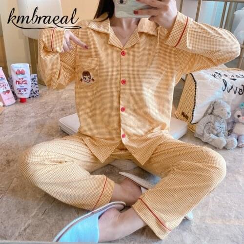 Pajamas for Women Autumn Spring Cotton Two Pieces Pyjama Sets Sleepwear Nightwear Girl Grid Loose Thin Homewear Plus Size 2xl