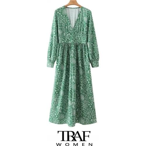TRAF Za Women Fashion With Buttons Floral Print Pleated Midi Dress Vintage V Neck Long Sleeve Female Dresses Vestidos Muje