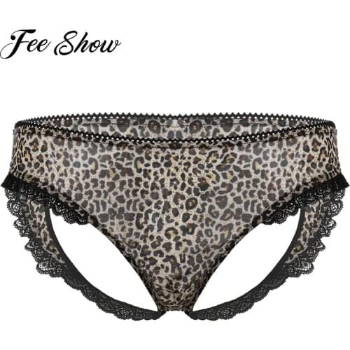 Mens Leopard Print Sheer Mesh Briefs Jockstrap Sexy Lingerie Low Rise Heart Shaped Open Butt Lace Trim G-string Briefs Underwear