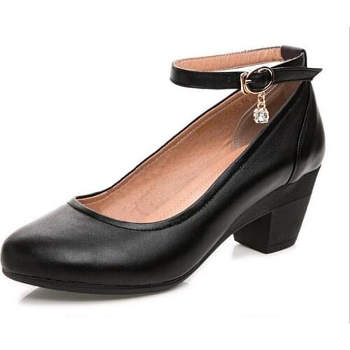 Genuine Leather shoes Women Round Toe Pumps Sapato feminino High Heels Shallow Fashion Black Work Shoe Plus Size 32-43