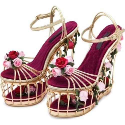 Luxury women shoes high platform wedges sandals bird cage design slingbacks shoes gold rose gold flower bride shoes sandals