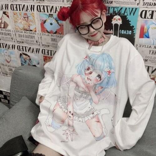 Harajuku Streetwear Loose Cute Kawaii Long Sleeve White T-shirt Autumn O-neck Cartoon Anime Sweet Girl Print Tops Women Clothes