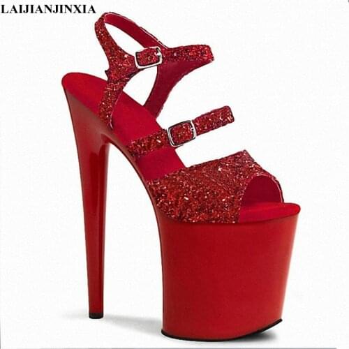 LAIJIANJINXIA New Style 8 Inch Black Bling Round Toe Platform Sandals Buckle Strap 20cm High Stripper Heeled Pole Dance Shoes