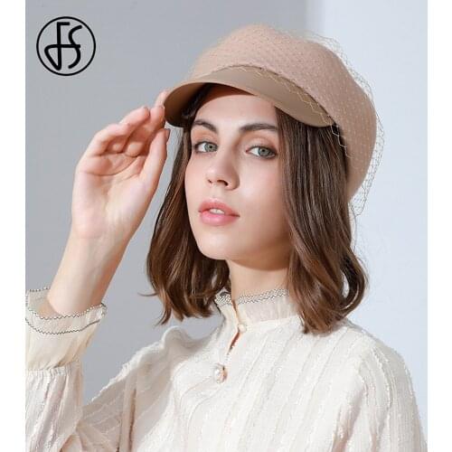 FS 100% Wool Women Berets For Autumn Winter French Artist Hat Girls Painter Hats Beret Femme Female Warm Peaked Cap With Veils