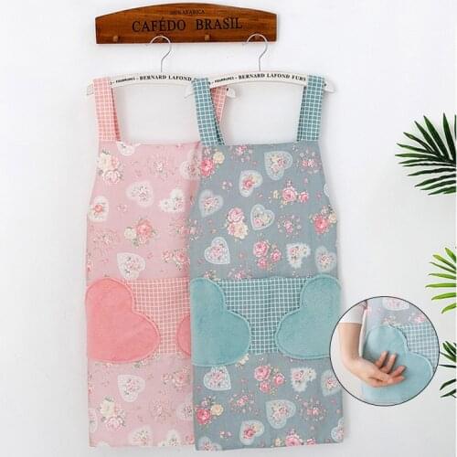 Heart Flower Pattern Wipeable Cotton Women Kitchen Apron Pocket Waterproof Oil-Proof Coffee Pinafore Cooking Cleaning Bib 46442