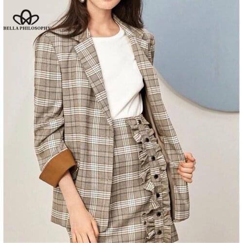 HStar Vintage Pockets Plaid OL Blazers Women 2020 Single Breasted Notched Collar Long Sleeve Lady Outerwear Casual Casaco Tops