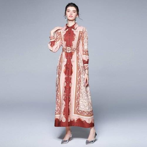 2021 autumn Fashion Designer Maxi Dress Women Vintage long Sleeve turn down collar Positioning Printed casual dress Vestidos