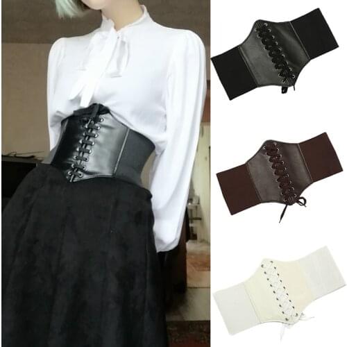 Ultra Super Wide Corset Belt Pu Leather Slimming Body Belts For Women Elastic High Waist Belt Ladies Front Tie Up Waistband