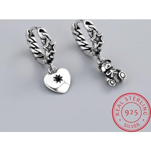 925 Sterling Silver Cute Bear Love Heart Long Tassel Asymmetric Hoop Earrings Star Jewelry For Minimalis Gift S-E1075