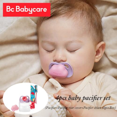 BC Babycare 4pcs Baby Pacifier+Pacifier Clip Chain+Nipple Rear Cover+Box Set BPA Free Breathable Thin-Root Newborn Dummy Teether