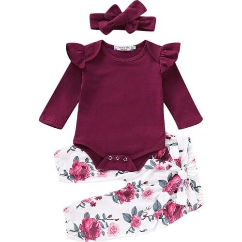 Citgeett Spring New Fashion Autumn Set Cute Newborn Baby Girls Tops Romper Floral Pants Red Yellow Outfits Set Clothes SS