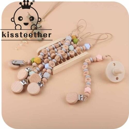 Kissteether 2021 New Style Creative Beech Flat Pacifier Clip DIY Baby Name Molar Soothing Silicone Pacifier Chain Baby Products