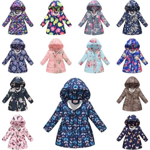 Long Style Thick Warm Jacket For Girl Autumn Winter Plus Velvet Full Print Flower Resist The Severe Cold Hooded Girls Coat