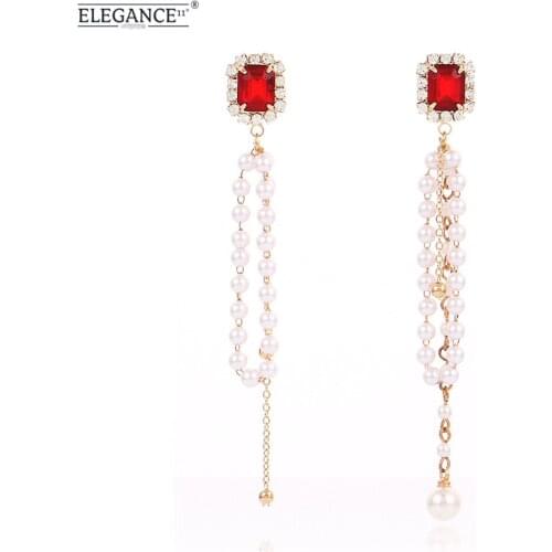 Elegance Simulated Pearl Earring Asymmetric Long Drop Earrings Red Crystal Golden Chain Tassel for Party Jewelry Wholesale