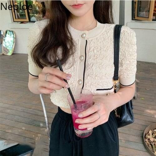 Neploe Elegant Sweater Women Pullover O Neck Short Sleeve Knitted Coat 2021 Summer Korean Slim Thin Single Breasted Crop Tops