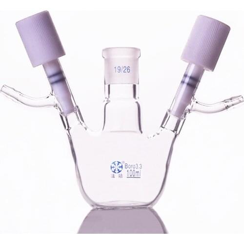 Single-necked reaction flat bottom bottle 100ml,Joint 19/26,With double PTFE high vacuum switch valve,Single-port reaction flask