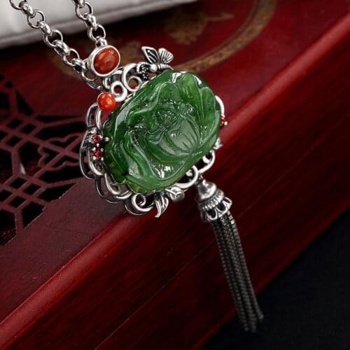 Pure Silver Inlay Hetian Jade Jade Restoring Ancient Ways South Onyx Lotus Flower Butterfly Tassel Pendant Wholesale
