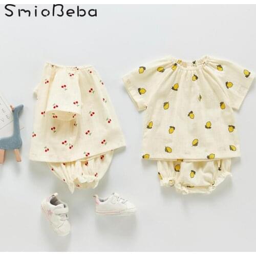 Summer Bamboo Cotton Gauze Baby Two Pieces Sets Top Tee+ Shorts Pants Set Cherry Lemon Print Breathable Cotton Climbing 2PC Suit