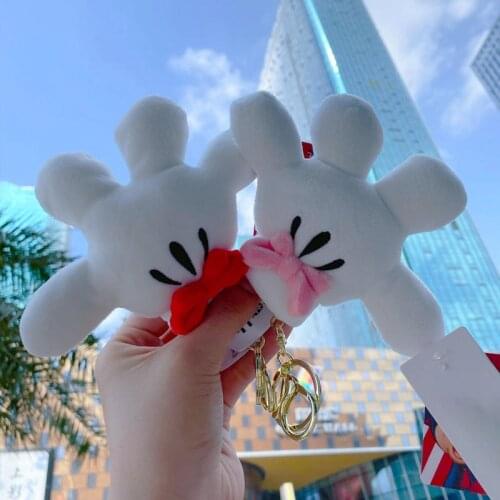 Mickey Mouse Paw Keychain Plush Toys For Backpacks 9×13cm Minnie Disney Princess Pendant With Bow-Knot Kawaii Gift To Girlfriend