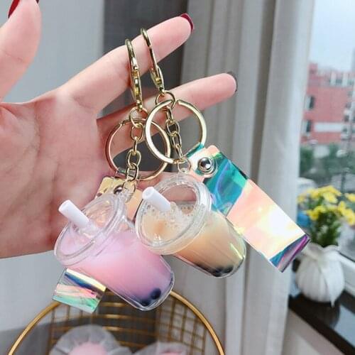Cute Pearl Milk Tea Cup Acrylic Keyring Liquid Quicksand Bag Pendant Keychains For Women Couple Bag Car Key Chain Gifts