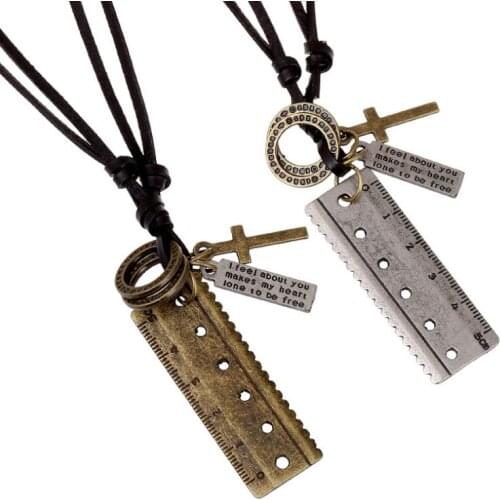 Fashion Vintage Adjustable Long Necklace Alloy Cross Ruler Pendant for Men Women Chain Genuine Leather Charm Choker Jewelry Gift