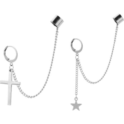 Fashion Earrings Clip Earrings Stainless Steel Ear Cuffs Dangle Chain Earrings Cross Star Pendant Ring Hoop Set
