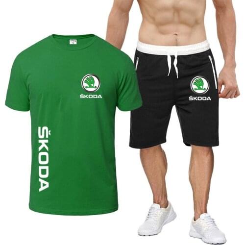 Skoda Logo 2021 Summer Comfortable Short sleeve High street shorts suit Male Cotton Harajuku Tops Casual Sport T-Shirt Tees