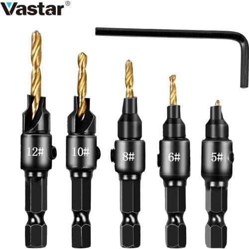 Vastar 5pcs Countersink Drill Woodworking Drill Bit Set Drilling Pilot Holes For Screw Sizes #5 #6 #8 #10 #12