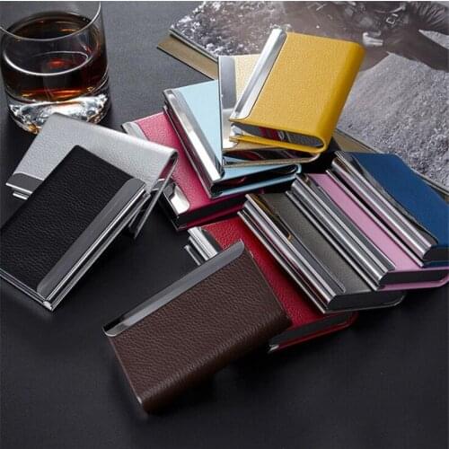 New High Quality Business Card Holder Multicolor Leather Cover Stainless Steel Case Holders Organizer