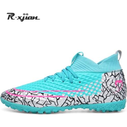 Genuine Turf Women men Soccer Shoes Kids Cleats Training Football Boots High Ankle Sport Sneakers sky blue EU big Size 34-47 new