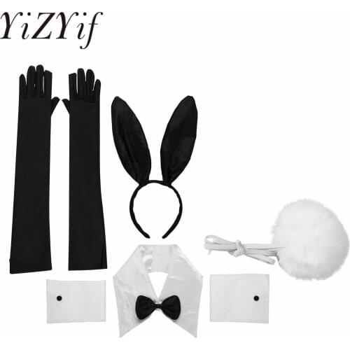 Sexy Bunny Ears Headband Rabbit Collar Bow Ties Cuffs Bunny Tail Ball Long Gloves for Halloween Christmas Party Costume Cosplay