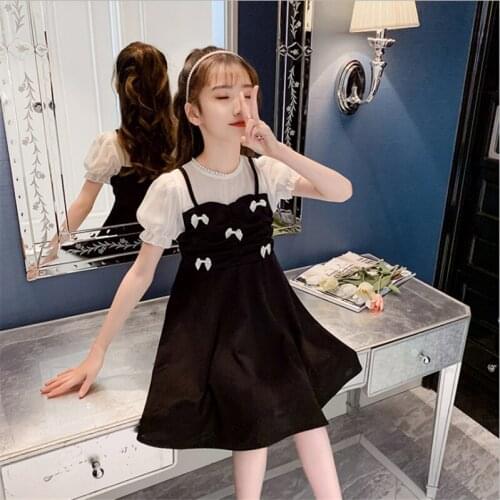 Girls Dress 2021 Summer New Childrens Fashion Princess Dress with Pure White Bow Decoration