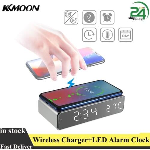 LED Alarm Clock Watch Table Digital Desktop USB Clocks Table Decor with Thermometer Wireless Charger For Samsung Xiaomi Huawei