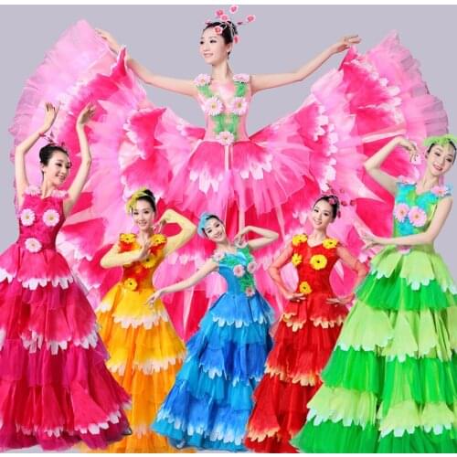 Spanish Flowers Dance Costume Flamenco Dance Dress Big Swing Performance Dress Female Opening Stage Flower Petal Skirt DL6127