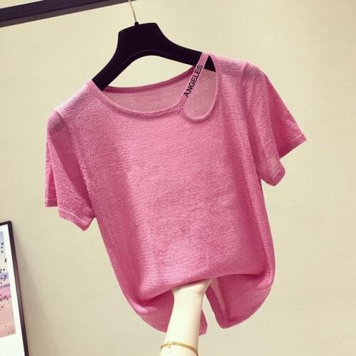 Thin Summer Hollow Out Letter Print Top Women Tshirt Knitted 2021 T-Shirt Woman Clothes Tee T Shirt Femme Camisetas Mujer Y308