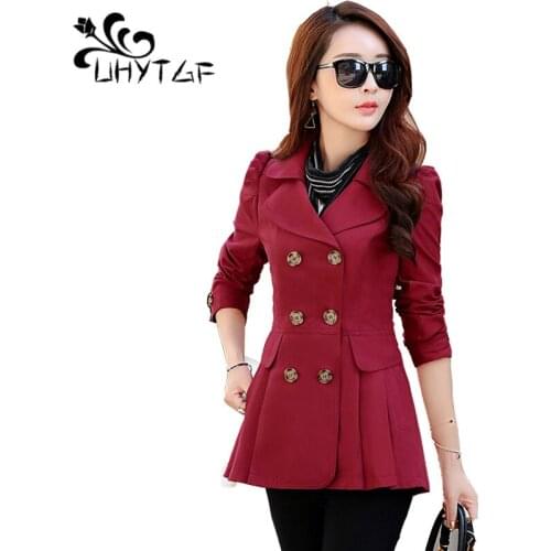 UHYTGF Korean trench coat for women fashion Slim-fit Plus size womens clothing Double-breasted Sweet thin trench skirt coat X21