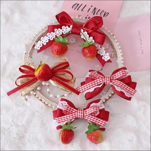 Mori Girl Classic Plaid Strawberry Bowknot Hair clip Lolita Womens Kawaii Hair Pin Headwear Cosplay Side clip B891