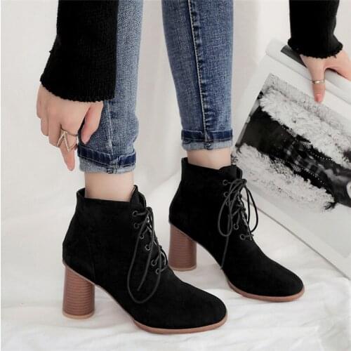 YMECHIC Plus Size Flock Autumn Winter Boots Women Lace Up Black Shoes Wine Red Stable High Heels Booties Woman Footwear 2019 New