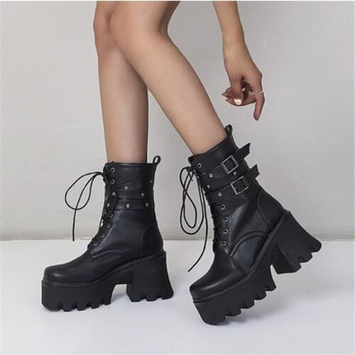 PXELENA JK Cosplay Rivet Buckle Women Martin Combat Platform Ankle Boots Chunky High Heels Winter Shoes Plus Size 34-43 Creepers