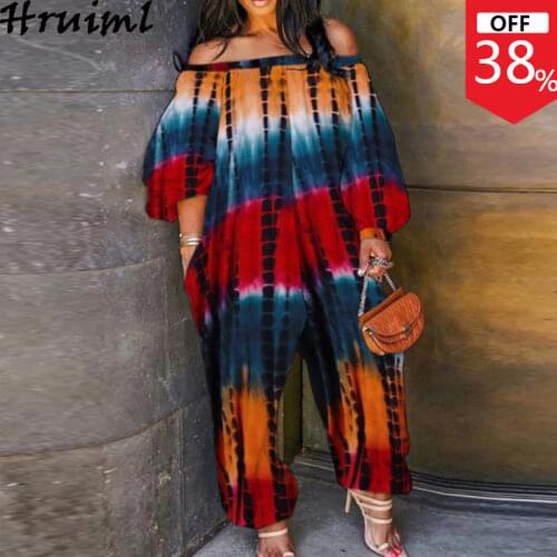 Dropshipping Rompers Playsuits Off The Shoulder Printed Long Sleeve Fashion Woman Overalls Plus Size Casual Jumpsuit Summer 2021