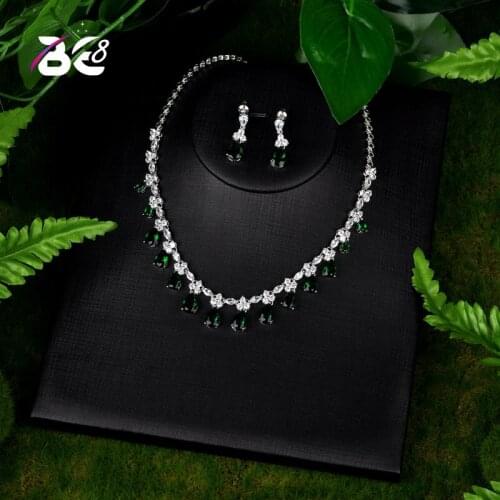 Be 8 AAA+ CZ Wedding Jewelry Sets for Women Water Drop Design Green Color Necklaces Pendant Drop Earrings for Women Gift S093