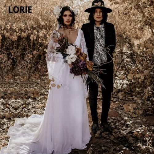LORIE Boho Wedding Dresses V-Neck Simple Flare Sleeves A-Line White Ivory Bohemian Wedding Gown Bridal Dress 2021 vestido novia