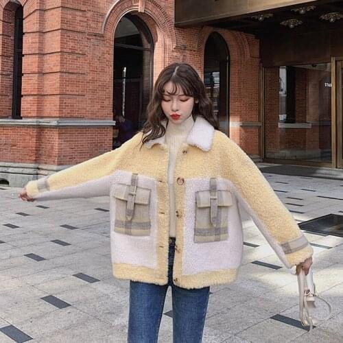 Wenfly Women Winter Lamb Wool Coat Thickened New Patchwork Jacket Korean Loose Short Stitching Lamb Wool Warm Outerwear Harajuku