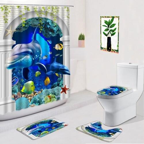 Dolphin Shower Curtain Seabed Animal Ocean Non-Slip Flannel Carpet Toilet Foot Pad Doormat Bath Mats Bathroom Decor Curtains