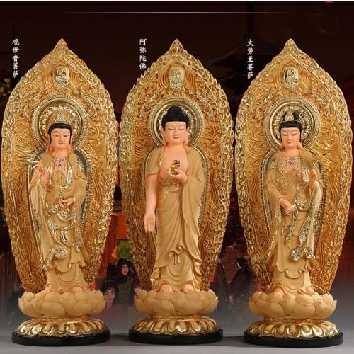 54CM Large A set 3PCS HOME shrine protection Buddhism XI FANG SANSHENG Standing Guan yin Amitabha Mahasthamaprapta Buddha statue