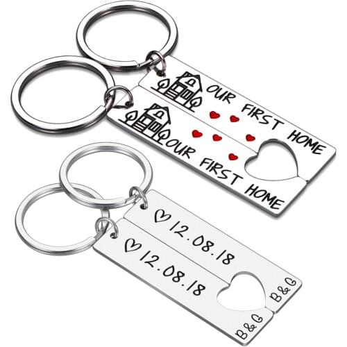 Personalized Heart Couple Keychain Set Engraved King Date and Name Love Keyring Gift for Girlfriend Boyfriends Key Chain Rings